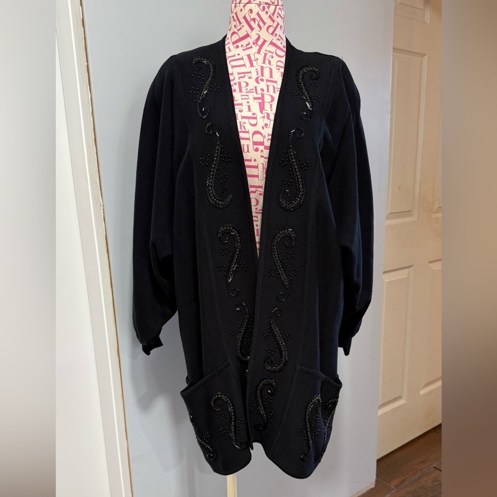 Vintage 80s Sunil Seoul Black Beaded Paisley Heavy Knit Cardigan Sweater ‎ M/L